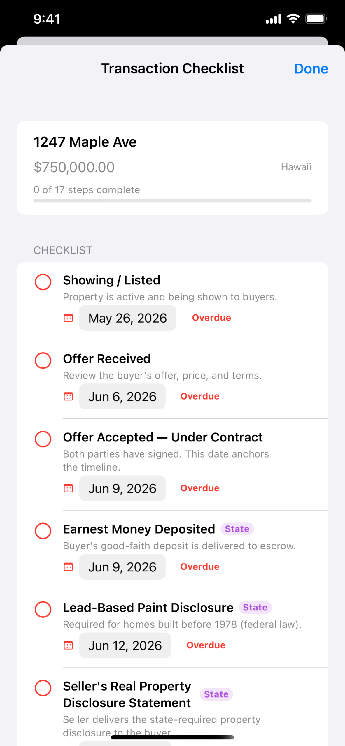 Realtor's Buddy transaction checklist screen