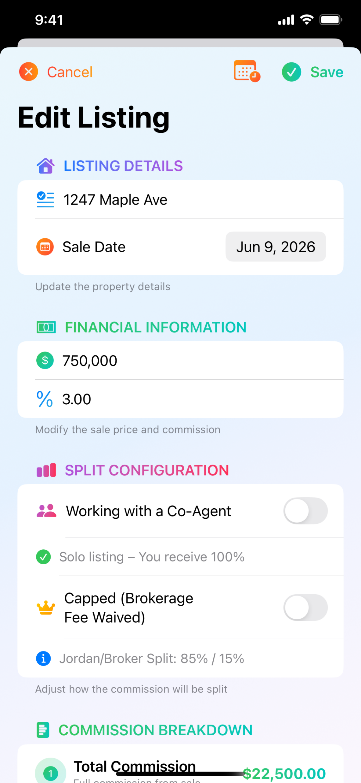 Realtor's Buddy edit listing screen
