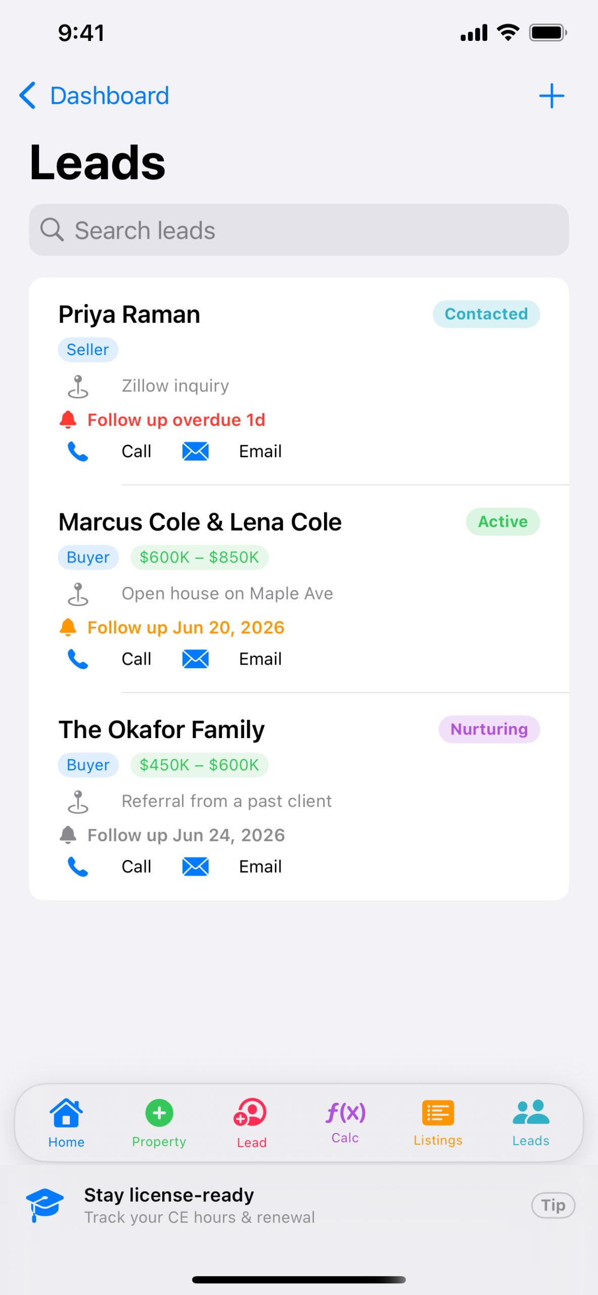 Realtor's Buddy leads screen